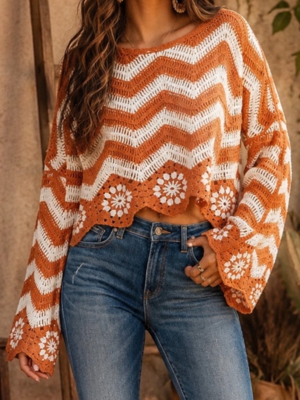 New’M Sz Med/Lg Boho Chic Rust & White Cotton Blend Crochet Chevron Sweater NWT